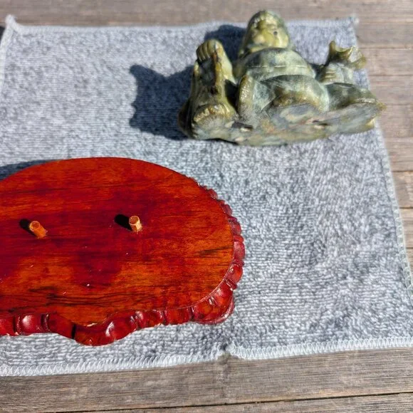 Antique Old Estate 5”x6" Soapstone Seated Laughing Buddha with Wooden Base - Picture 5 of 5